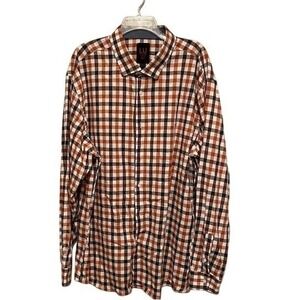 Linea Uomo Mens 4XLT Stretch Button Down Shirt Orange Brown Plaid Gingham Tall